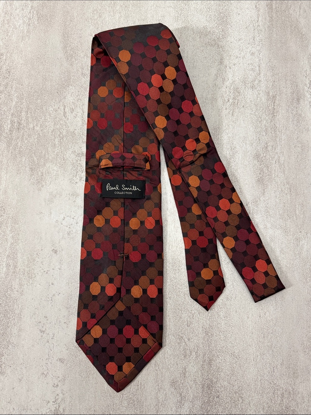Paul Smith Burgundy Tie with Red and Orange Hex Dot Pattern